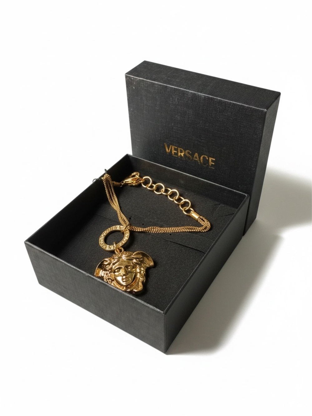 Versace Medusa Gold Tone Charm Bracelet Greek Key Adjustable w Box & Tag